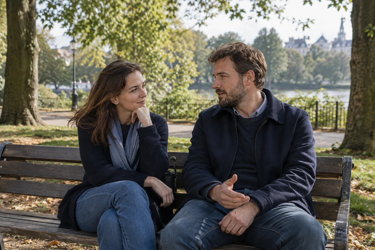 Two adults talking comfortably together on a park bench