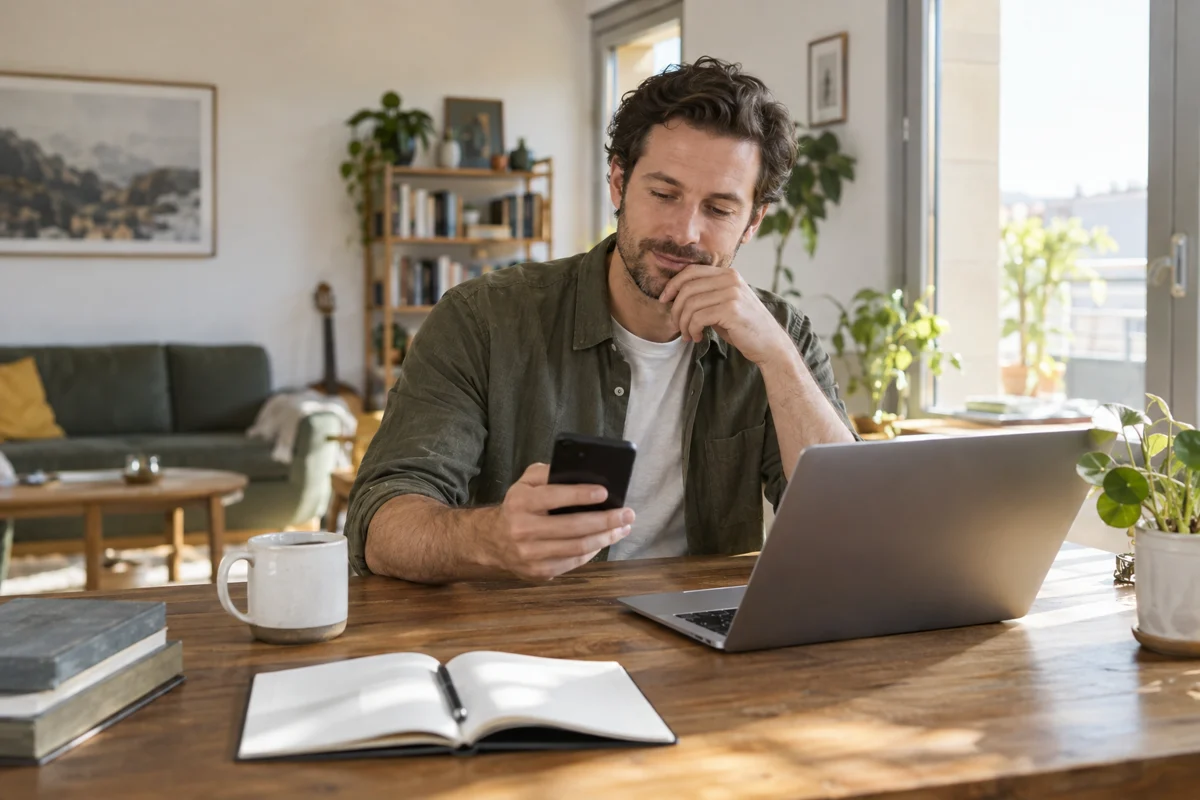 A man thoughtfully checking his phone at home