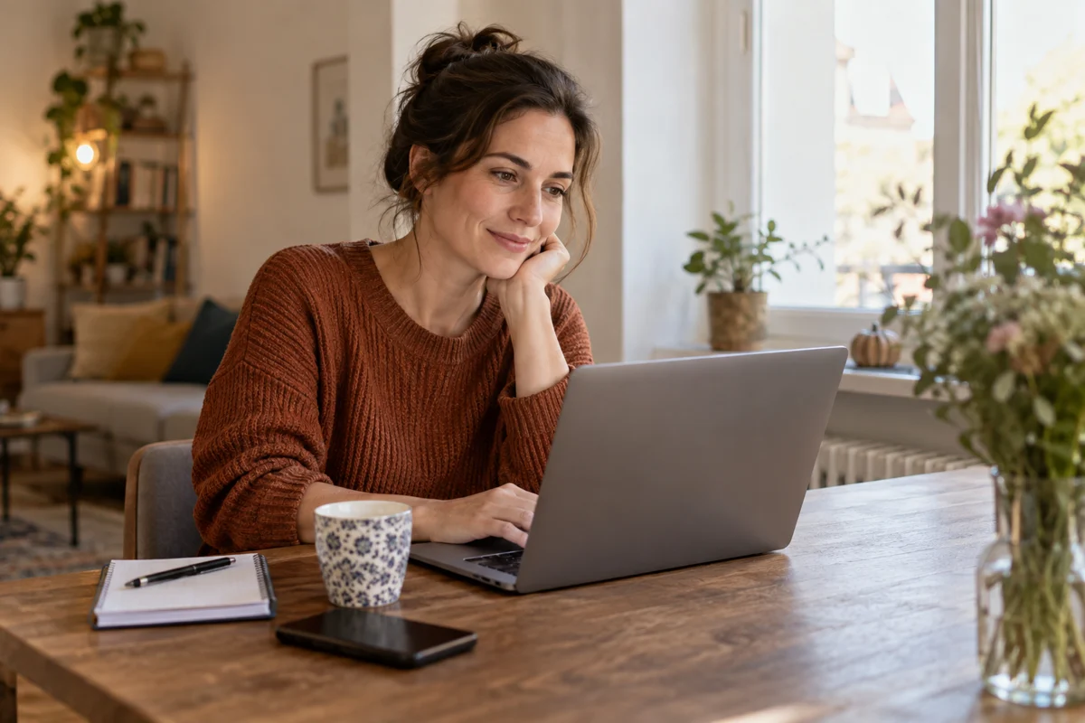 A woman writing at her laptop beside a sunlit window