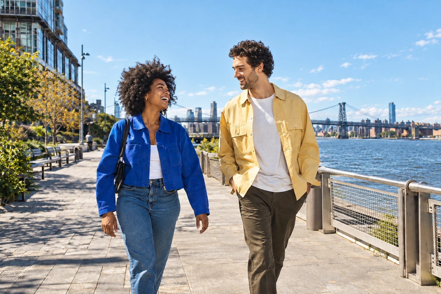 Two adults laughing together on a sunny riverside walk